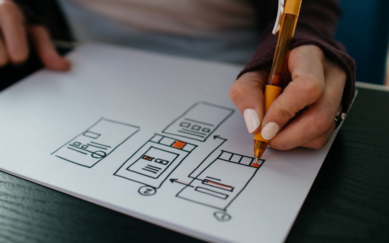 UI/UX-ontwerpschetsen van een interface op papier